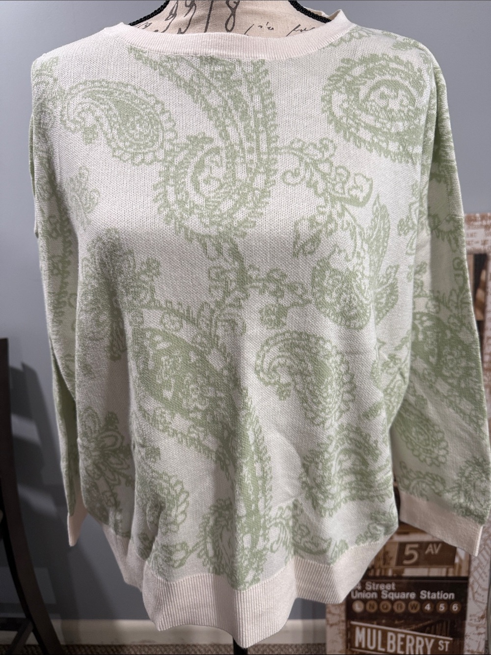 LOFT Cream Sweater with Light Green Paisley Crewneck